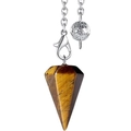 Detailed close-up of tiger eye stone hexagonal pendulum with silver chain and lobster clasp - Tiger Eye