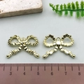 Golden hollow bow-shaped alloy charm pair shown with ruler measuring 3cm width - Pleated Bowknot - KC Gold (21390)