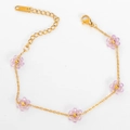 Gold stainless steel bracelet with five small purple crystal flowers and lobster clasp - Transparent Purple Bracelet