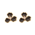 Golden flower stud earrings with black enamel petals and a central square zircon - Black