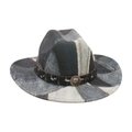 Cappello fedora in feltro blu e grigio con emblema testa di leone argento e tesa larga - Taglia unica / Nero (M Denim Testa di Leone)