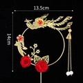 Golden phoenix cake topper with red roses and pearls for Chinese wedding party decor - Phoenix Fan Cake Topper
