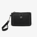 Compact black PU leather coin purse with wrist strap and front snap pocket detail - Black (Plain)