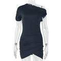 Close-up of the asymmetric shoulder and ruched hem detail on the black bodycon dress - S / Black