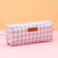 Pink houndstooth pattern large capacity pencil case with basic leather label detail - Pink Houndstooth