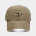 Detailed embroidery of a small bee on a vintage washed khaki cotton baseball cap - Khaki