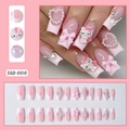 Faux ongles French rose et blanc avec nœud, cœurs perlés et breloques chaton 3D - Style Nœud Hello Kitty Français Rose Blanc (SGD-0010)