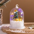 Close-up of LED glowing Christmas tree in glass dome with snow and Merry Christmas sign - Multicolor Light (Style D)