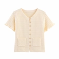 Detail of cream knit cardigan with crochet texture, ruffle sleeves and pearl buttons - S / Tops / Off-White Jacket