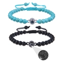 Matching blue turquoise and matte black bead bracelets with language projection stones - Turquoise + Matte Stone