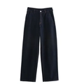 Detail view of high-waist wide-leg denim jeans in dark blue with classic button and pocket stitching - XS / Jeans