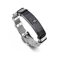 Detail of silver mesh bracelet featuring a black plate with engraved cross and scripture - Spanish Scripture Bracelet