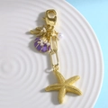Starfish and purple shell keychain in gold finish with palm tree charm and pearls - Light Purple