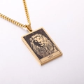 Golden stainless steel Leo zodiac pendant necklace with square vintage tarot card design - Leo / Gold