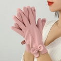 Pink thermal gloves for women with elegant bow detail and floral touch screen embroidery - One Size / Dusty Pink