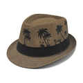 Cappello fedora di paglia marrone da uomo con stampe di palme e nastro decorativo - M / Caffè (Grande Albero di Cocco)