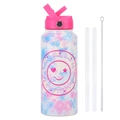 Pink and blue tie-dye 1L stainless steel water bottle with straw, brush, and smile logo - Ivory White 23H