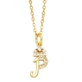 Detailed view of a gold lowercase letter P necklace pendant with a sparkling crown top - Letter P