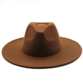Front view detail of a classic brown wool felt fedora with a wide flat brim for unisex style - M (56-58cm) / Khaki