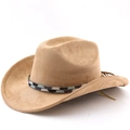 Close-up of camel suede cowboy hat featuring bohemian beaded band and windproof cord - Dark Camel