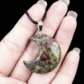 Green and reddish natural crystal agate moon pendant necklace with black woven cord strap - 30mm Dragon Blood Stone