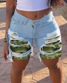 Detailed view of women's light blue ripped denim shorts with camouflage patchwork lining - S / Camouflage Patch
