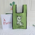 Green knitted tote bag with cute bear jacquard pattern and black trim for daily use - Diamond Bear Green