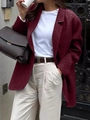 Chic burgundy wool blazer jacket styled with white trousers and a brown handbag - Burgundy / S