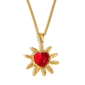 18K gold plated stainless steel necklace with red heart stone and sunburst pendant - Red Agate Heart Sunburst Pendant Necklace (Gold)
