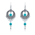 Bohemian vintage hollow drop earrings with turquoise beads and antique silver finish - Antique Silver with Blue Beads (0620)