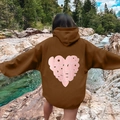 Brown oversize hoodie featuring pink heart LOVE YOUR SELF print on the back view - Coffee