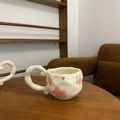 Irregular cream ceramic coffee mug with pink floral and heart patterns - Pink Large Flower Single Mug / Single Cup