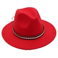 Detail of red fedora hat with brown leather band featuring star pattern ornaments - M (56-58cm) / Red