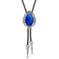 Detailed view of silver crown bolo tie with blue stone on black braided leather cord - Blue Lace Agate