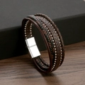 Herren Armband aus dunkelbraunem und schwarzem Leder mit Edelstahl Magnetverschluss - 21cm / Dunkelkaffee