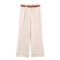 Damenhose mit weitem Bein in Creme-Beige und braunem Gürtel, flach liegendes Design - XS / Weiß