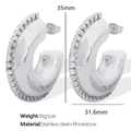 Boucles d'oreilles en acier inoxydable argenté en forme de C avec strass 35x31mm - Style Strass Argenté EH475