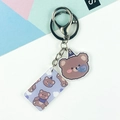 Cute brown cartoon bear acrylic keychain with birthday hat and matching tag charms - Brown Bear Blowing Bubbles Style (Double Buckle No. 2)