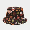 Close-up of mushroom and botanical patterns printed on a black cotton bucket hat - M (56-58cm) / 21# Black Autumn Leaf Mushroom
