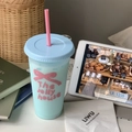Light blue cartoon puppy straw cup with pink bow design and frosted matte finish - 700ml / Large The Jolly House