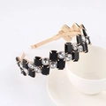 Macro shot of gold headband with black rectangular gems and clear round rhinestones - Style 04-Black White Rhinestone