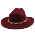 Detail of burgundy wool fedora featuring khaki band with gold metal rivet studs - M (56-58cm) / 15 Wine Red