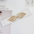 White elastic waist belt featuring a gold leaf-shaped alloy buckle for dresses - EL101 White (Gold Leaf Buckle)