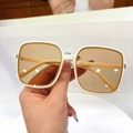Close-up of white square sunglasses with gradient brown lenses and stylish thick frames - Rice White Frame / Tea Lens