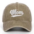Detail of white Mom embroidery on a washed khaki cotton baseball cap for Mother's Day - Khaki (Mom)