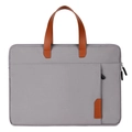 Slanke 14-inch laptoptas van grijze stof met bruine leren handvatten en voorvakje - 13/13.3 Inch / Grijs