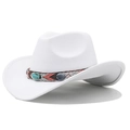 Detailed view of white felt cowboy hat with ethnic woven band and turquoise stone accents - 09 White