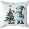 Housse de coussin blanche avec bonhomme de neige décorant un sapin aux étoiles dorées - Style 7