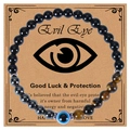 Retro Evil Eye beaded bracelet with black onyx and tiger eye stones on display card - 6mm Bead Diameter / 6mm-Evil Eye