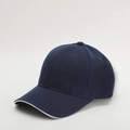 Detail of the navy blue cotton twill baseball cap crown and curved brim in close-up - Adjustable / Navy Blue